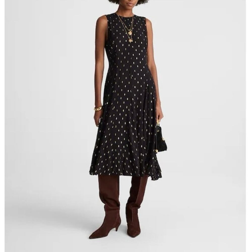 NWT Madewell Sleeveless Flared Metallic Dot Midi Dress Crinkle Viscose Size 12